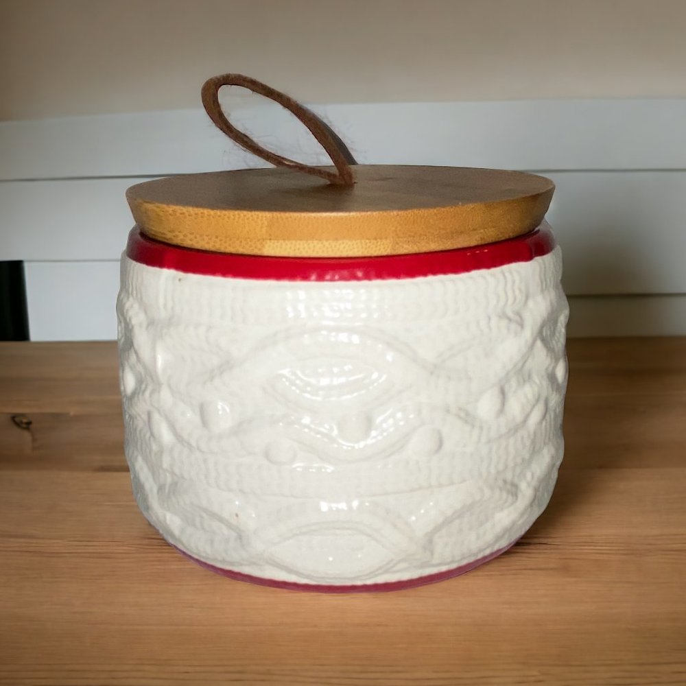 Ceramic Jar Container White Sweater Knit with Wooden Lid